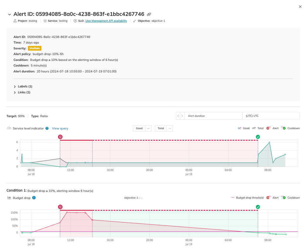 Image 11: Alert details showing an alert triggered by an alert policy based on the scale of the error budget drop.